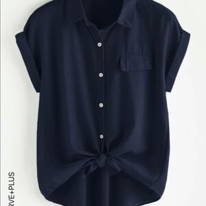 Shein Navy Blue Top Plus Knot Hem Blouse